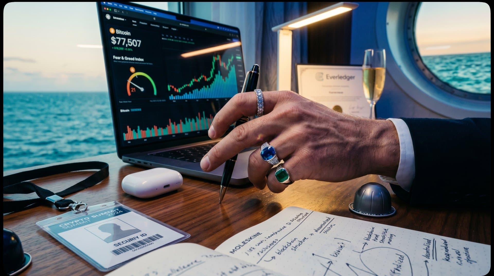 Luxury rings on hand near BTC chart at $77,507 and Fear & Greed 21, signaling crypto short squeeze and whale jewelry demand