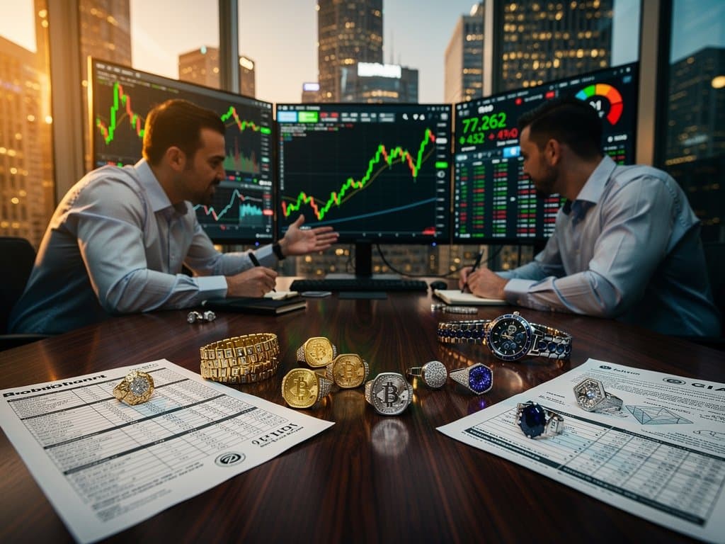 Trading desk with BTC ETH charts and crypto diamond rings on walnut surface in Schwab finance environment