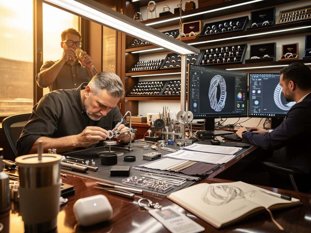 Diamond District workshop with AI screens rendering custom 3D bridal jewelry designs amid sparkling gems and tools