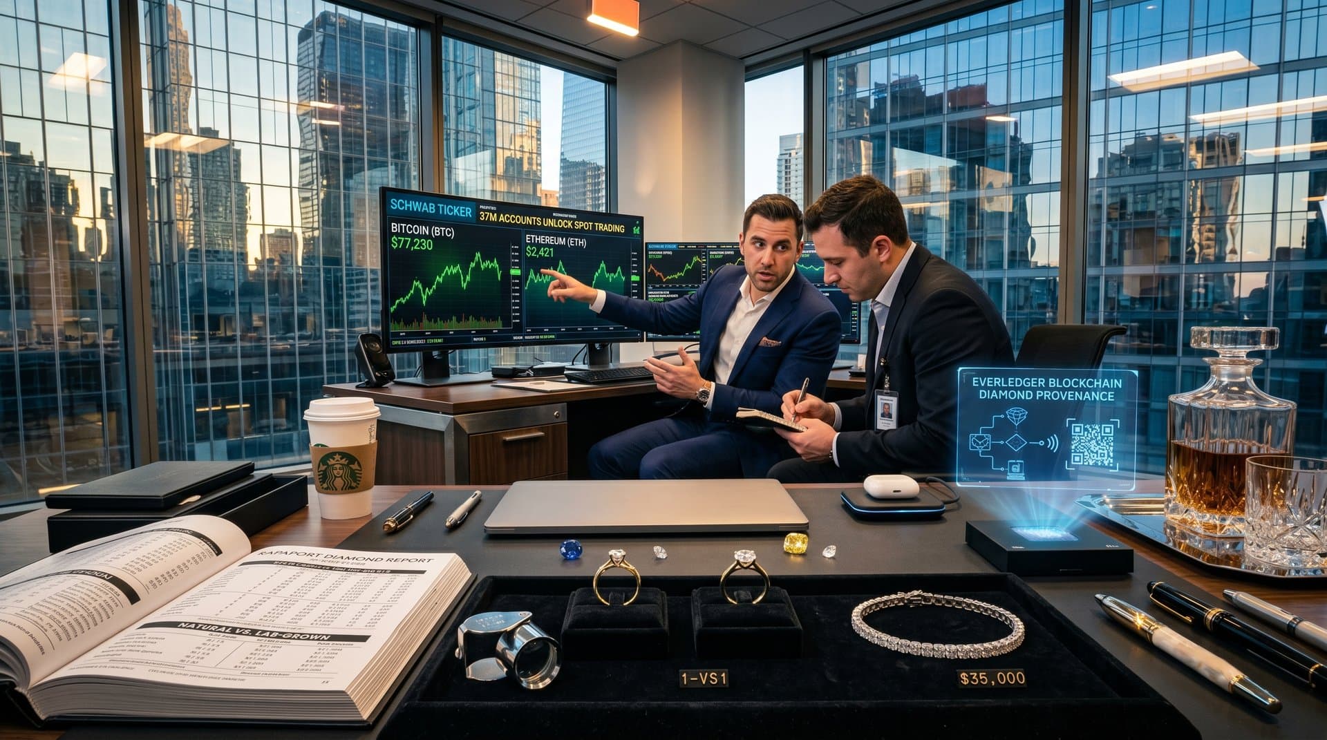 Luxury trading desk with BTC ETH charts at $77,230/$2,421, GIA diamond ring in 18K gold, loupe, Rapaport catalog, and blockchain provenance hologram against city skyline