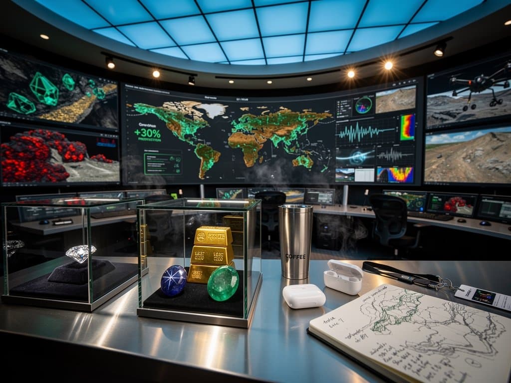 AI-driven 3D models of gem deposits on screens in modern mining lab for luxury jewelry sourcing