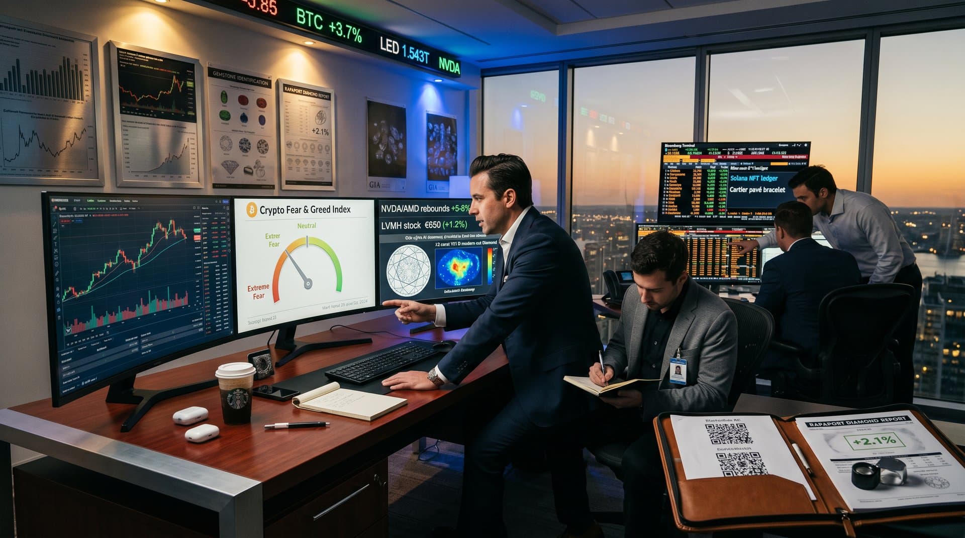 Trading desk screens show oversold AI stocks, Fear & Greed 26, and BTC at $77K amid luxury jewelry tech charts