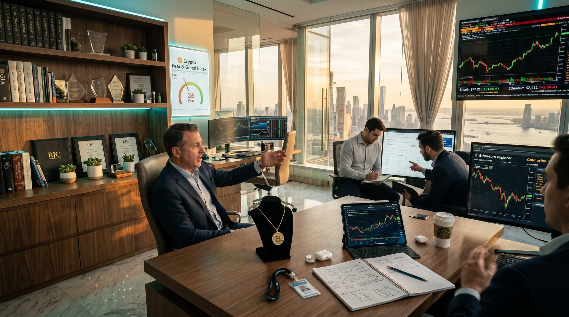 Bloomberg terminal with BTC/ETH charts beside gold Bitcoin pendant necklace in modern Schwab-style office with market screens
