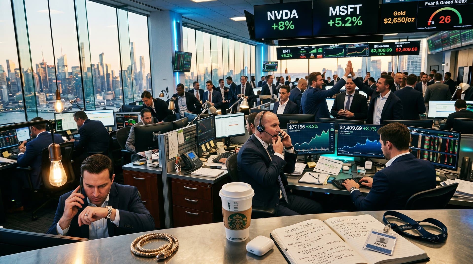 Trading floor screens show BTC at $77K amid Cartier Panthère bracelet, Bulgari Serpenti necklace, and luxury gems on desks