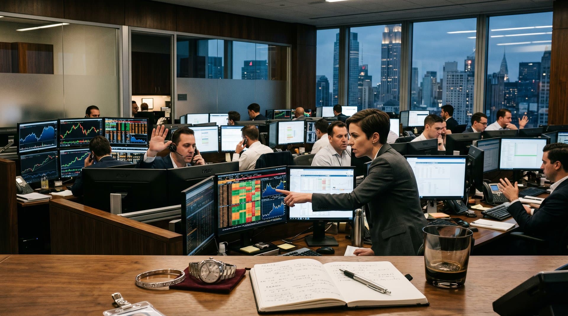 Trading desk with AI stock charts on Bloomberg terminals, luxury watch detail, financial reports in high-end bank office