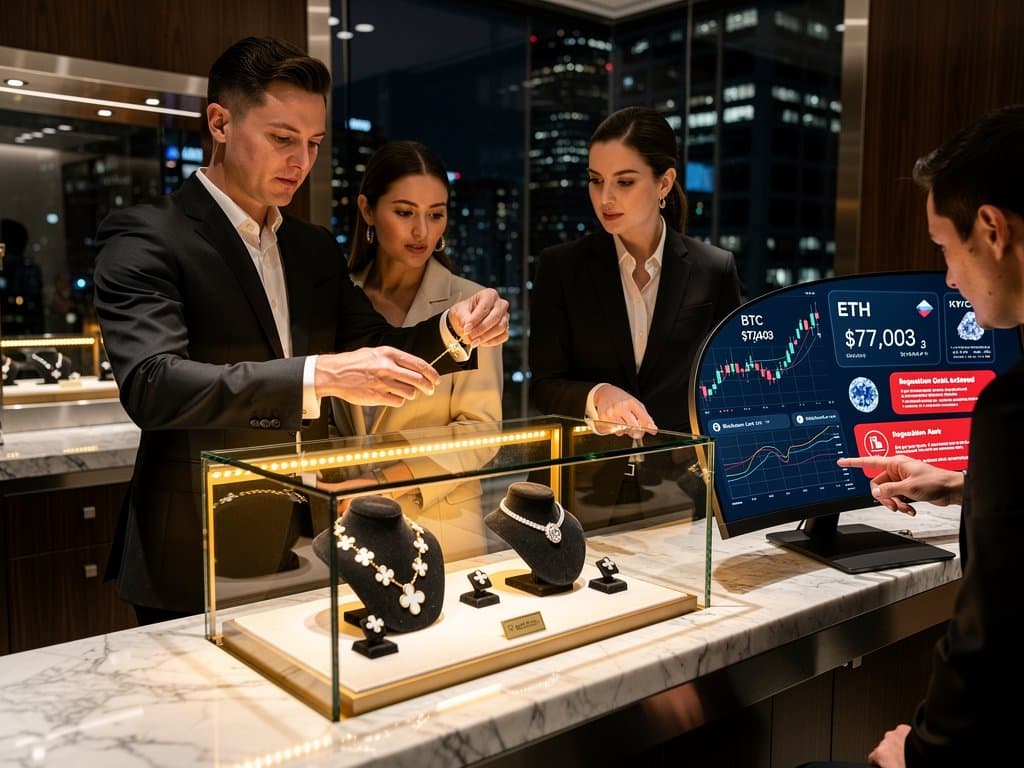 Luxury necklace display with crypto charts showing BTC at $77K and regulatory alerts in modern boutique setting