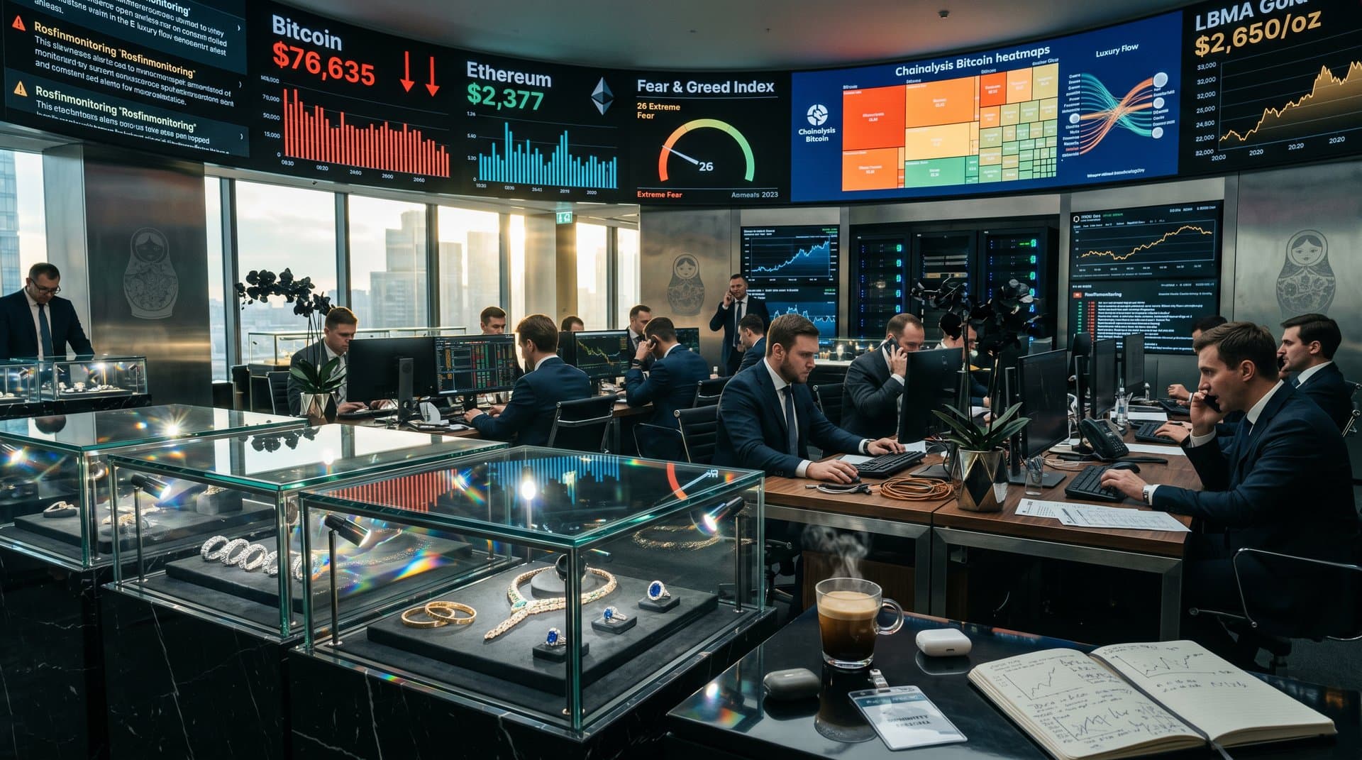 Luxury Moscow finance lounge with crypto charts at BTC $76,635, Fear & Greed 26, and bridal jewelry displays amid blockchain alerts and market data