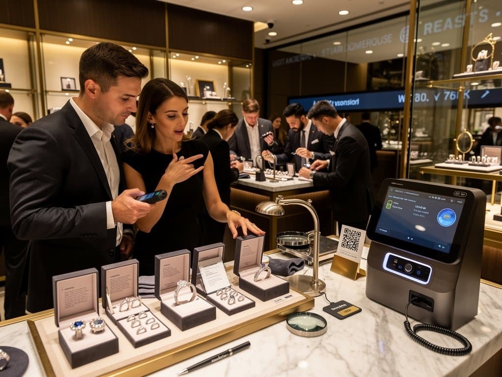 Jewelry boutique with crypto kiosk warning, BTC chart, and bridal rings display amid regulation signs