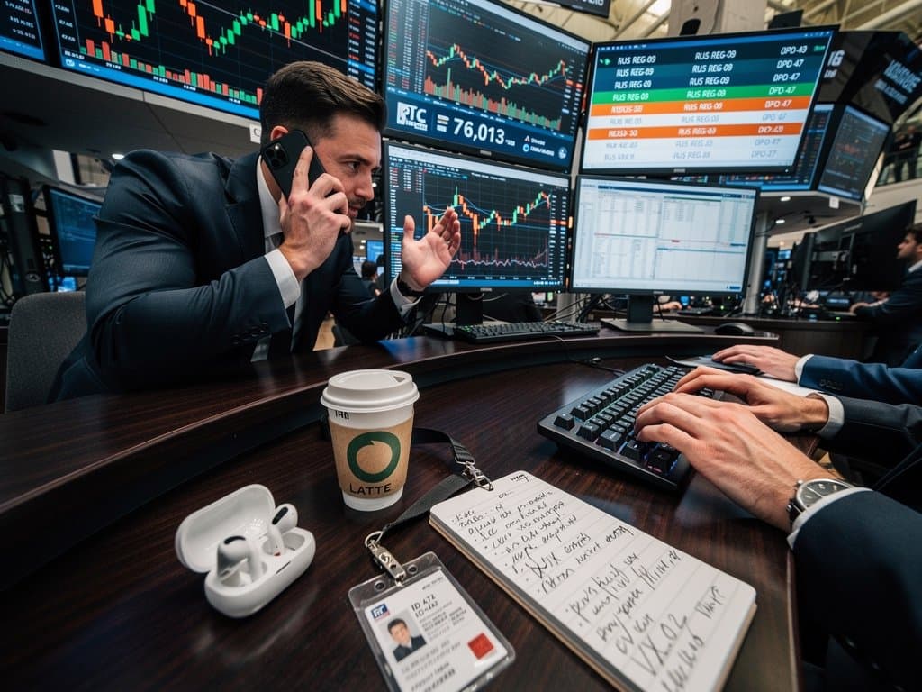 Trading desks with Bloomberg terminals showing BTC at $76K and Russia crypto news amid luxury jewelry market volatility