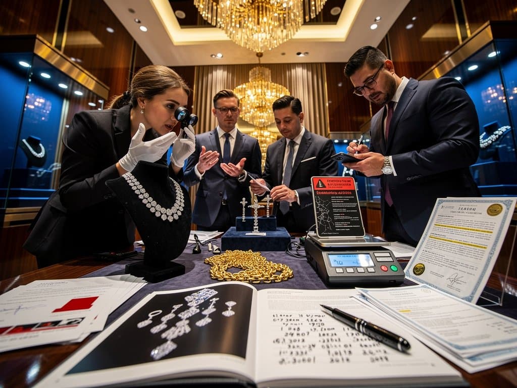 Jewelry collector verifies necklace with loupe against fake blockchain NFT on phone in auction house setting