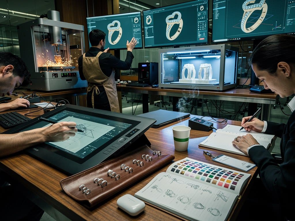 Jewelry atelier CAD setup with SVG SF Symbols on monitors amid 3D prototypes, tools, and CNC mill in sunlit studio
