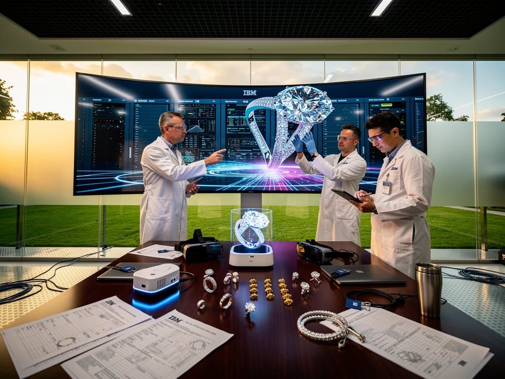 IBM team designs AI-personalized luxury rings on monitors in high-tech lab with mainframes