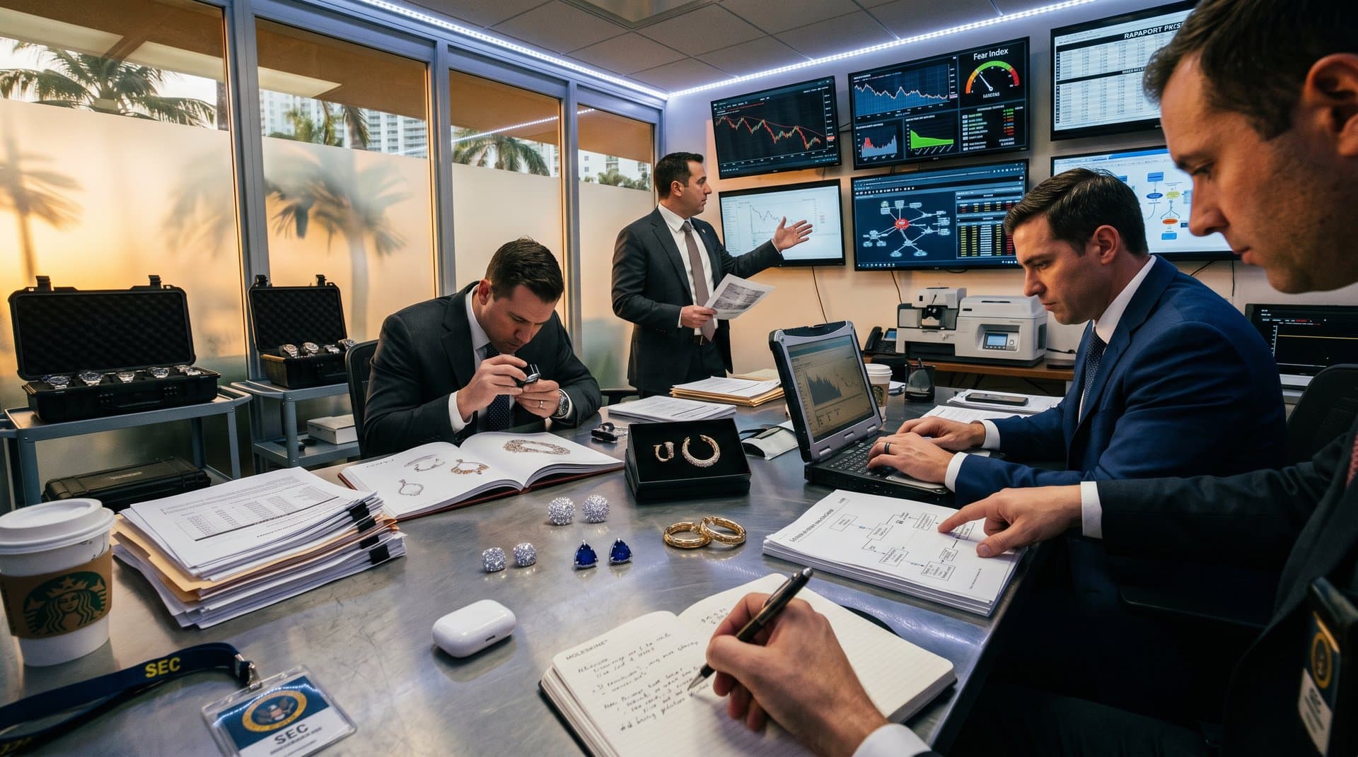 SEC team reviews Orlando Ponzi blockchain and luxury earring evidence in high-tech Miami room