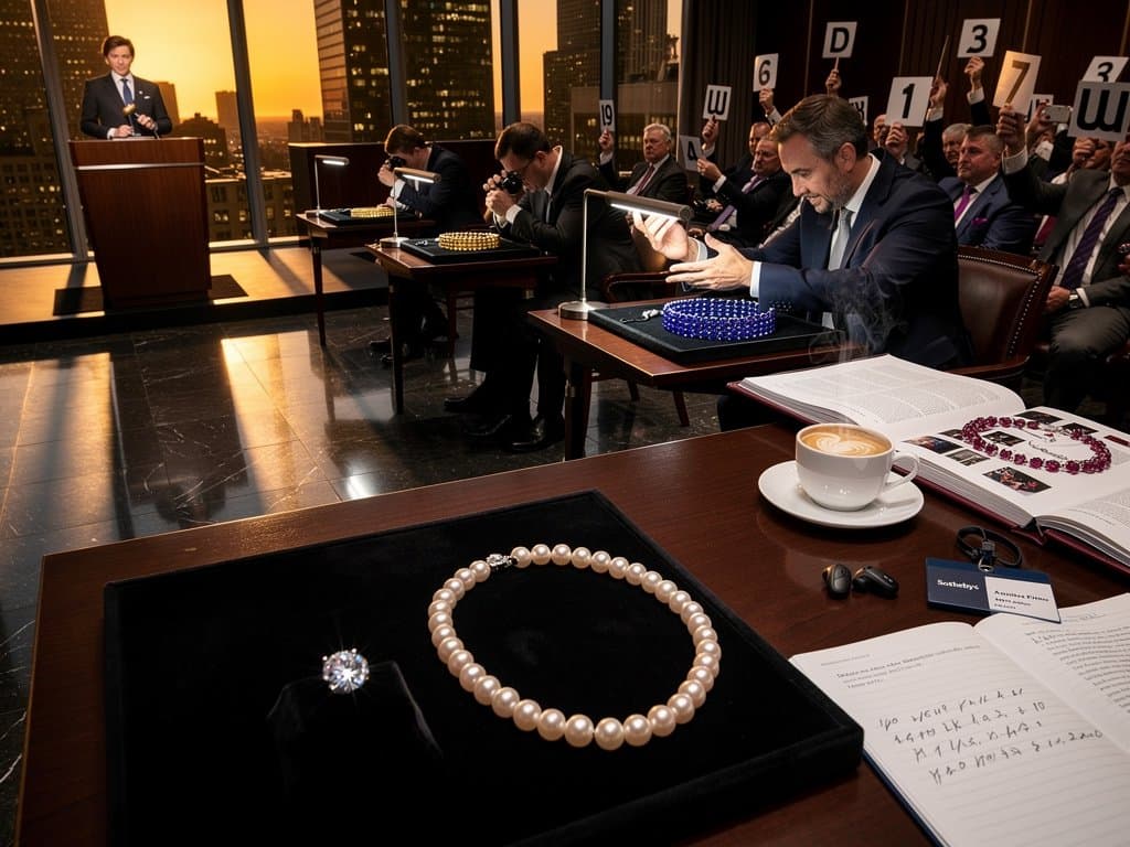 Gemologists inspect GIA-graded diamond solitaires, pearl chokers, and pavé bracelets at Sotheby's auction with falling BTC charts on monitors