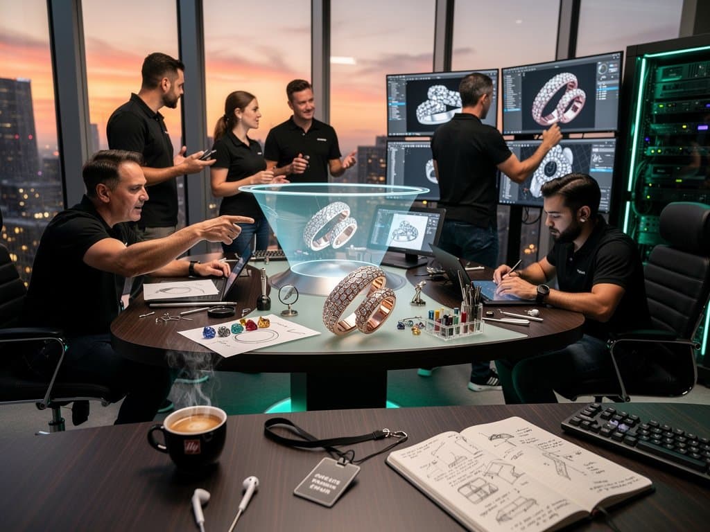 AI lab with jewelry CAD renders of pavé diamonds on multi-monitors amid prototypes and server racks