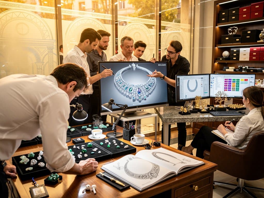 Designers at Bulgari atelier review AI-generated 3D Serpenti necklace render on OLED amid gem samples, sketches, and CAD tools