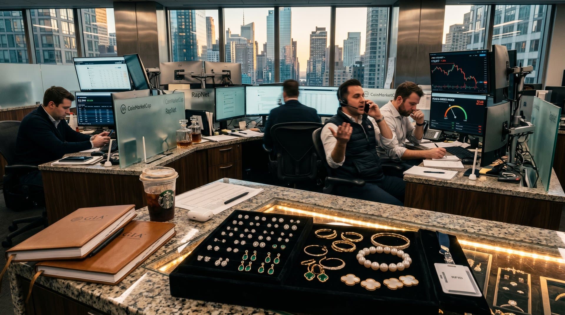 Trading desks with crypto charts on monitors, luxury gold and diamond earrings displayed amid financial tools