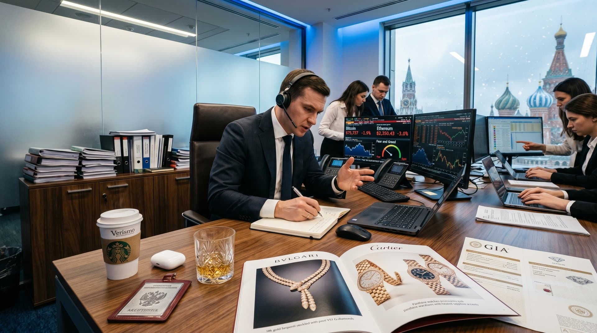 Moscow finance desk with crypto charts at BTC $75,737 and luxury Bulgari Cartier necklace catalogs
