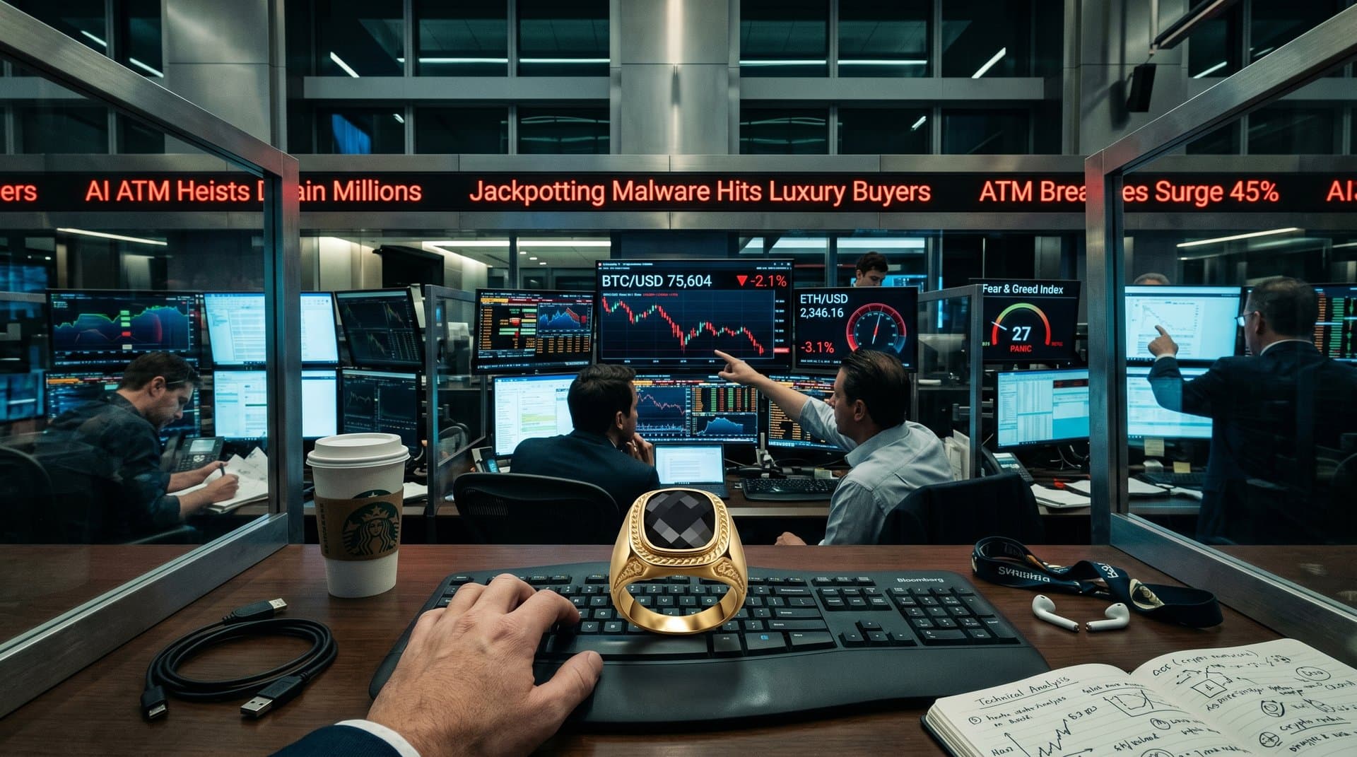Luxury gold ring on trading desk terminal showing BTC drop to $75,604, Fear & Greed 27, ATM security alerts