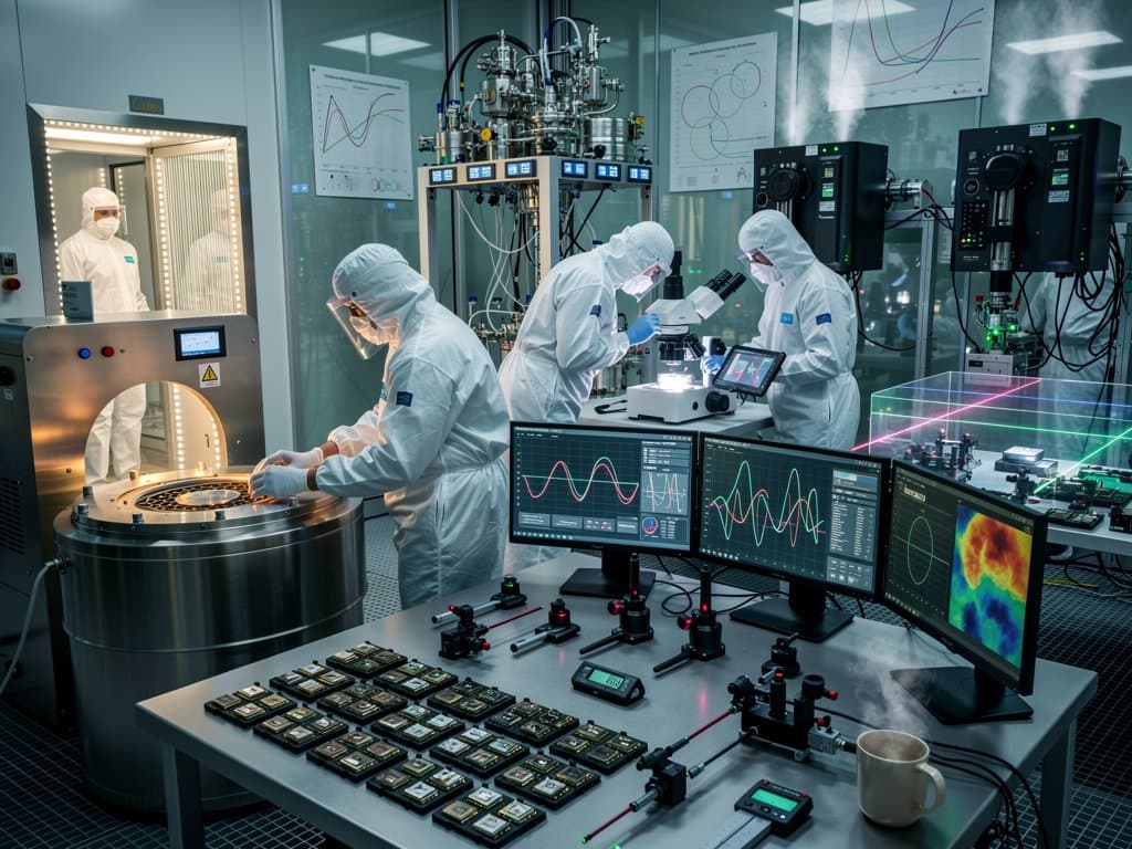 NIST cleanroom with photonic wafer chips, laser tools, and researchers in suits