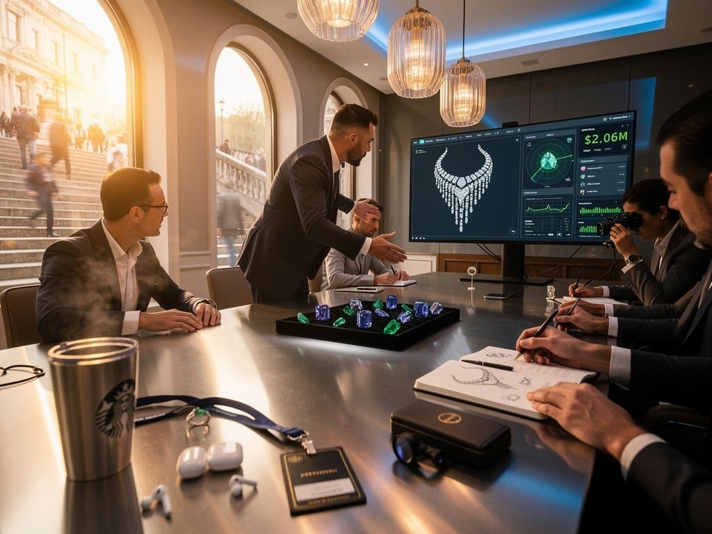 Luxury jewelry atelier with MDV dashboard on monitor amid gem trays, 3D printers, and Bloomberg terminal under pendant lights