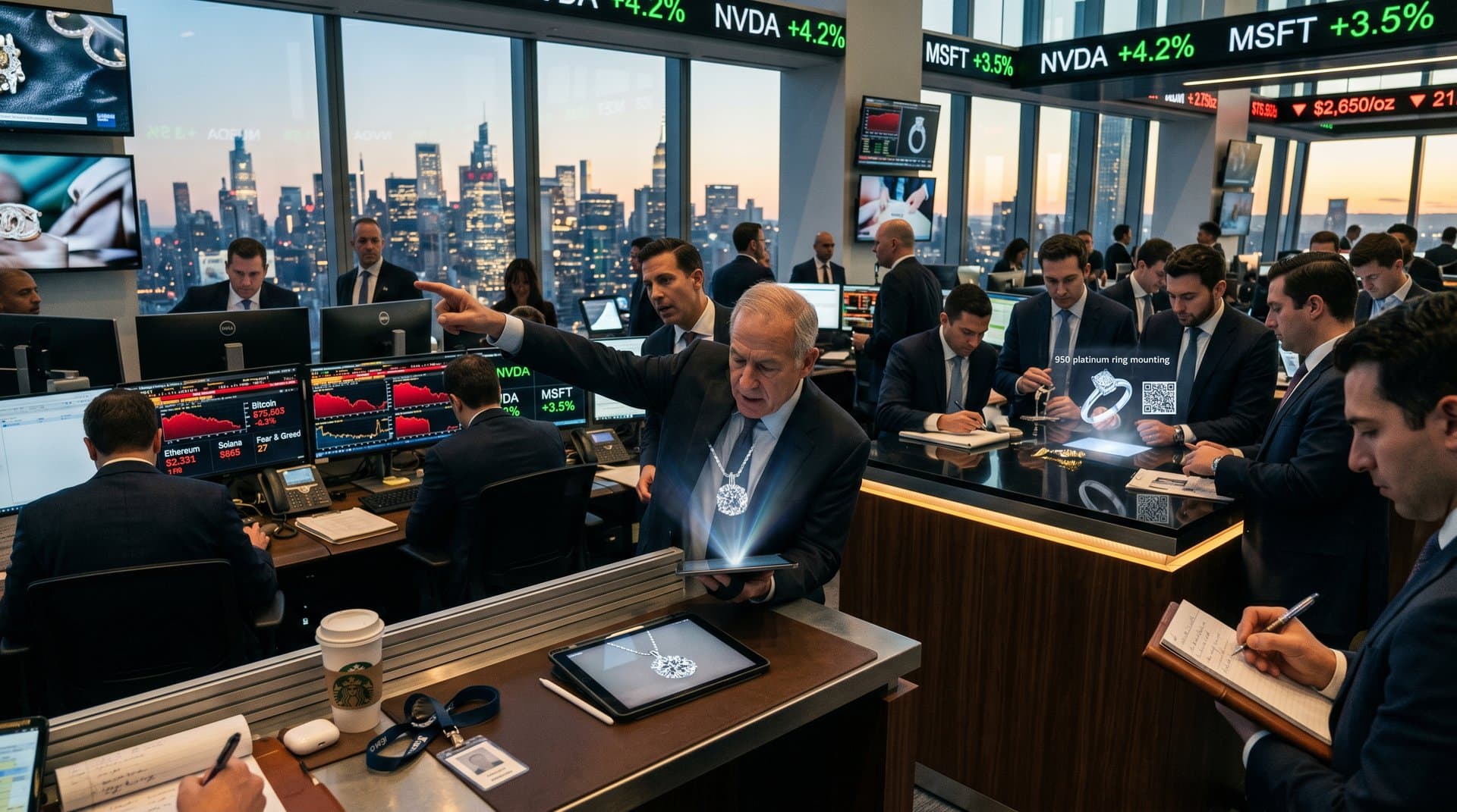 Trading floor displays artificial intelligence stocks rising amid crypto fear at 27, with jewelry tech prototypes