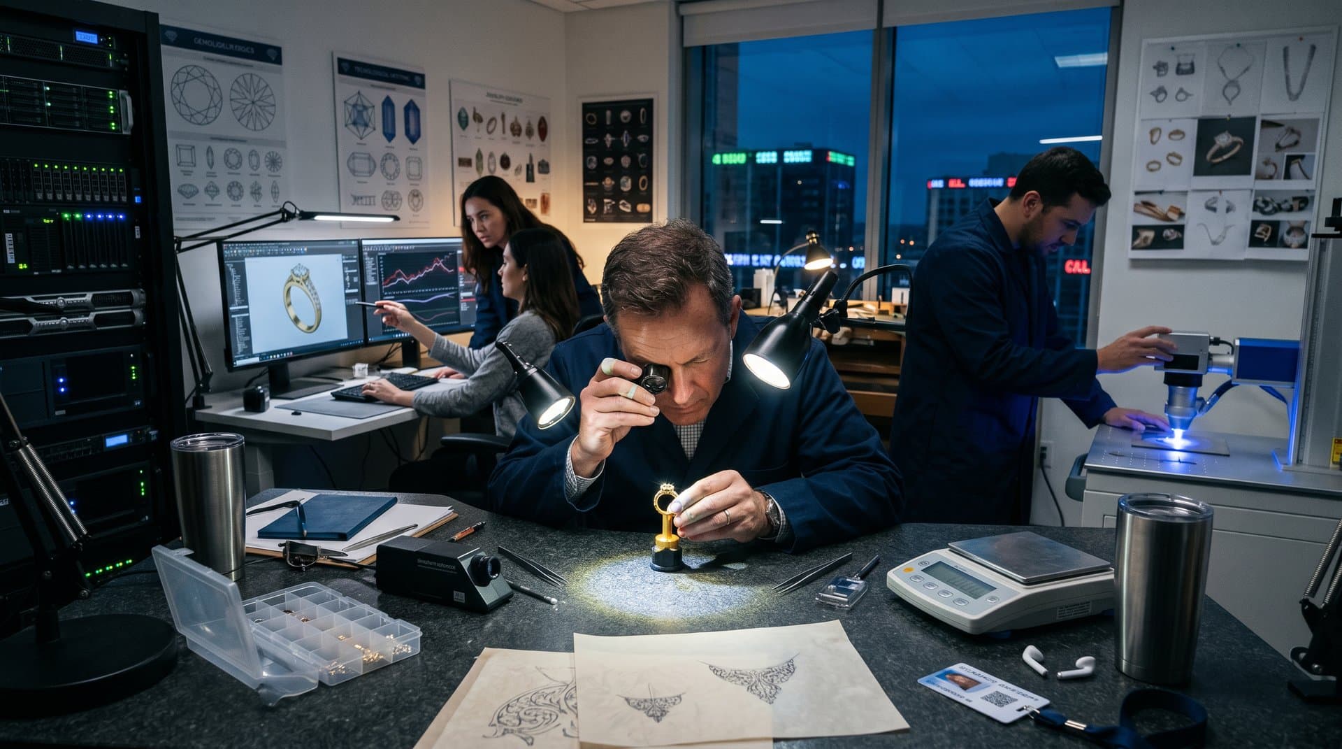 AI-generated luxury ring prototypes on workbench in tech lab with monitors and tools