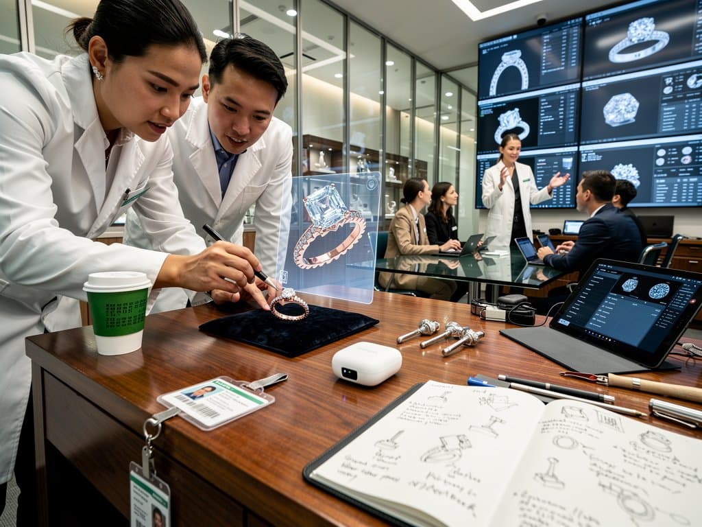 AI jewelry designers review generative bridal ring renders in modern lab with 3D prototypes and multi-monitors