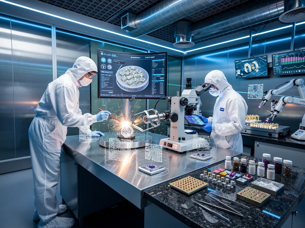 Photonic laser array over diamond in cleanroom with wafer monitor and tools