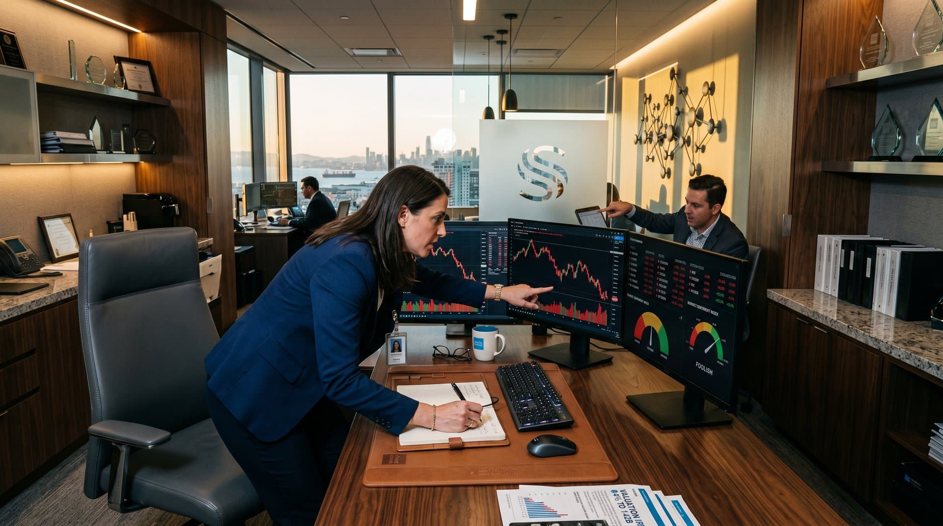 Bloomberg terminal on Schwab desk displaying crypto charts amid luxury office with city skyline