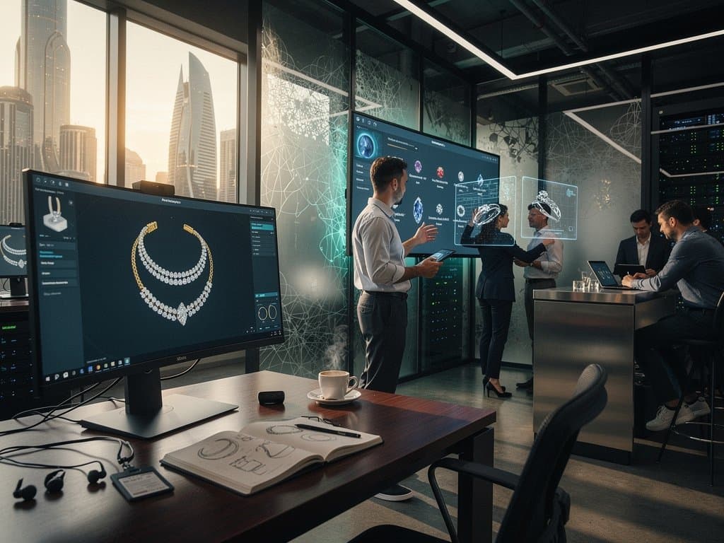 AI researchers in Anthropic lab collaborate on 3D luxury necklace designs with pavé diamonds and gold chains on advanced monitors amid high-tech environment