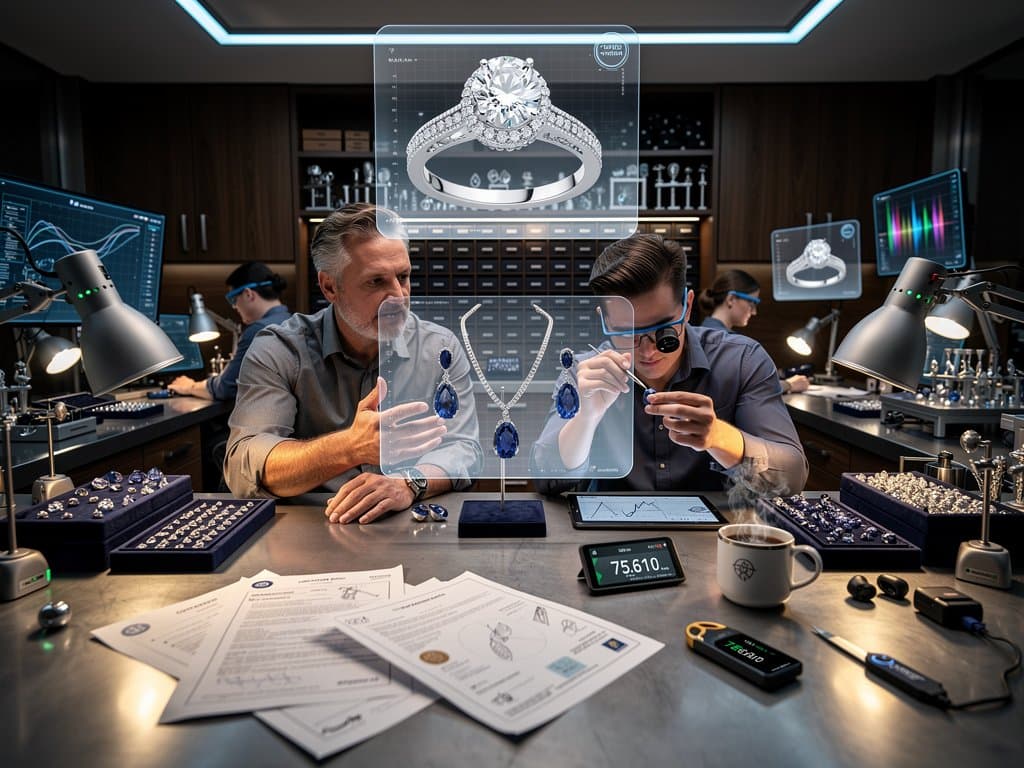 Holographic AI designs of platinum bridal jewelry set with lab-grown diamonds and sapphires on high-tech workbench