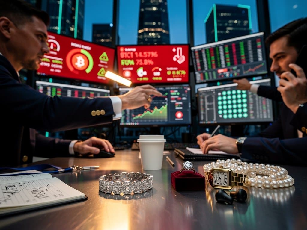 Trading screens display FLOW cryptocurrency class action alerts, BTC $75,714, Fear & Greed 27, with bridal 18k gold jewelry elements amid volatility