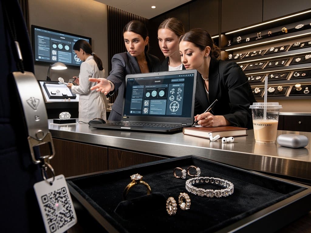 AI lab monitors display biased jewelry recommendations amid high-tech research environment with gem prototypes and data screens