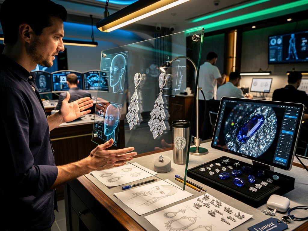 AI-powered 3D model of pavé diamond earrings with gem analysis screens and provenance graphs in high-tech jewelry lab