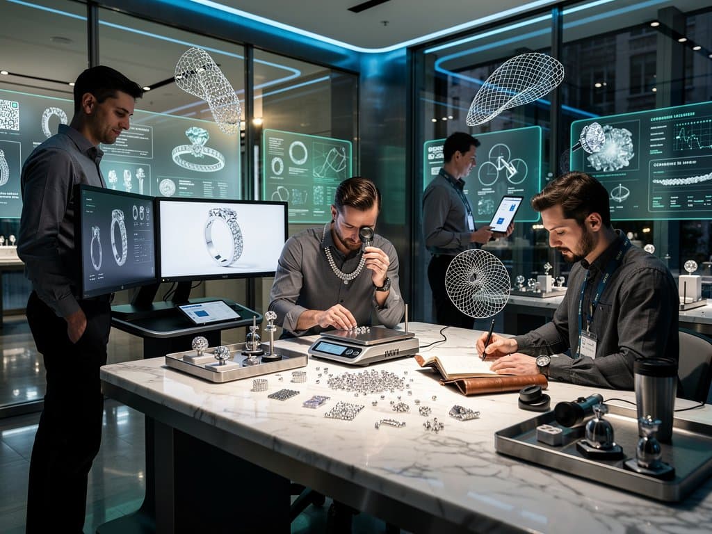 AI workstation renders hypoallergenic PT950 platinum and rhodium-plated 18k necklaces in advanced jewelry studio