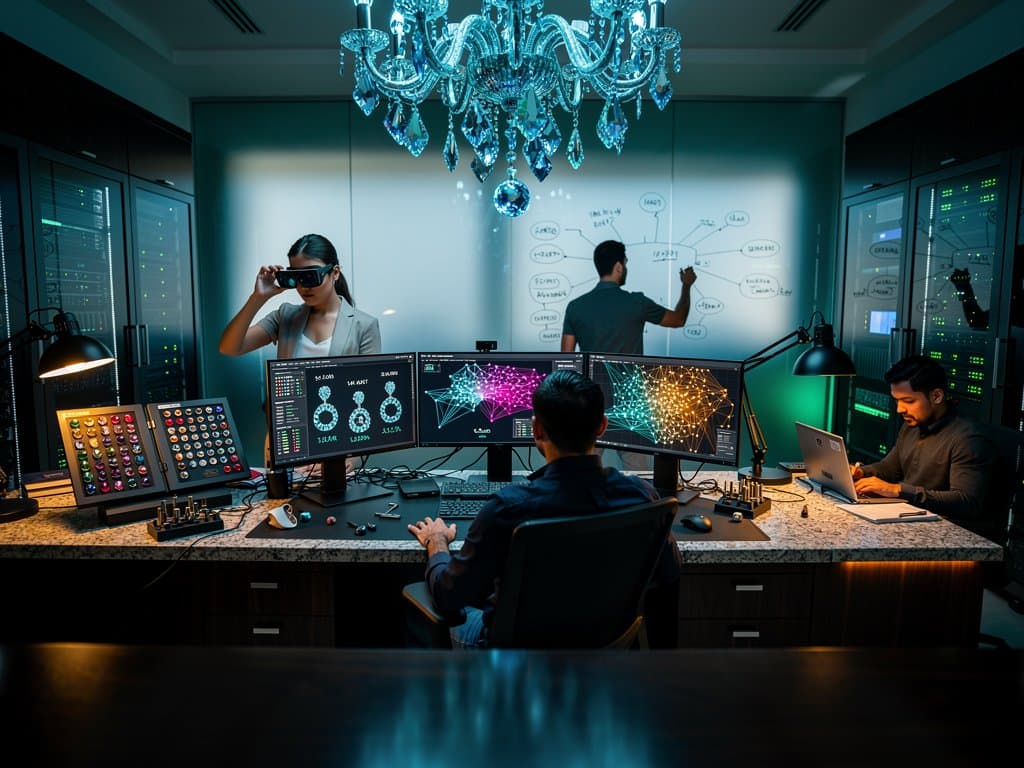Neo4j graph visualizations of luxury earrings networks on multi-monitors in modern jewelry AI lab with walnut desks and glass walls