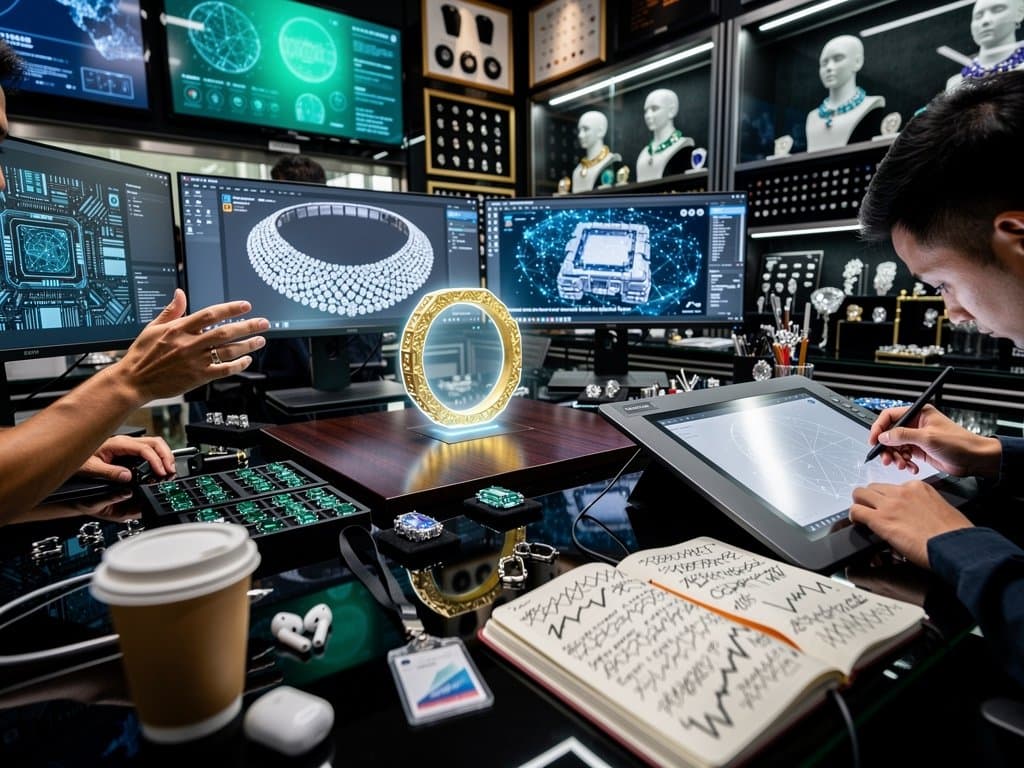 Jewelry studio with 3D CAD renders of diamond necklaces and AI chip designs on multi-monitors