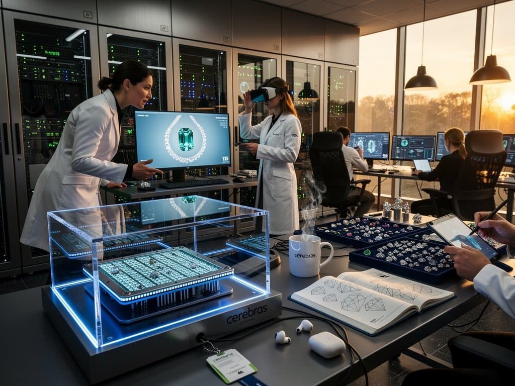 Cerebras AI lab with designers reviewing 3D luxury jewelry renders amid glowing servers