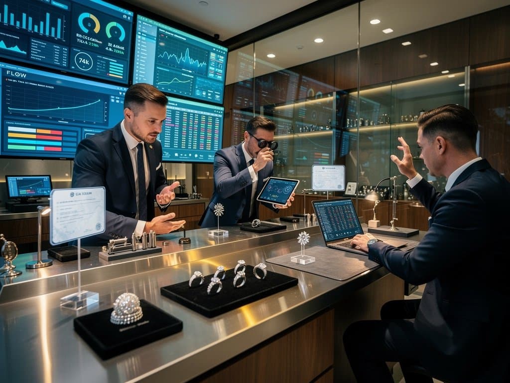 Blockchain experts scrutinize FLOW crypto charts with luxury NFT-etched diamond rings on display amid market fear indicators