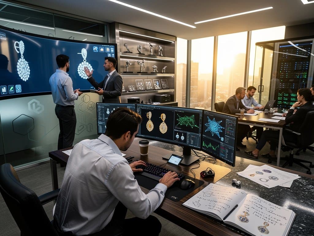 Anthropic AI lab screens display 3D luxury earrings renders, prompt code, neural graphs, and BTC charts amid modern desks, servers, and glass walls