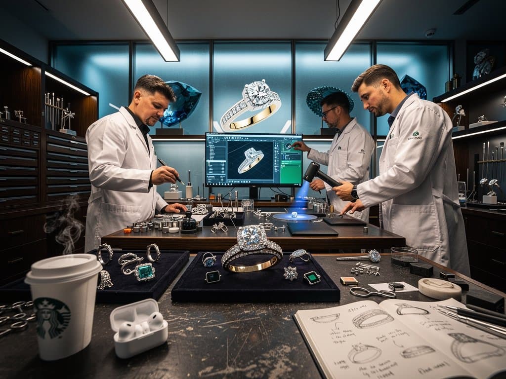 AI jewelry studio with holographic bridal ring designs, lab-grown diamonds, and smart accessories on workbench