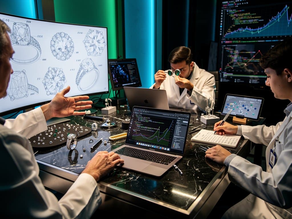 Excalidraw jewelry prototypes on monitors in modern design studio with AI code and metrics