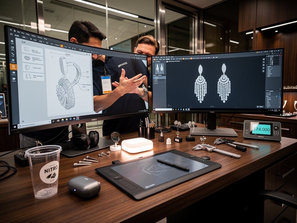 Tech studio monitors display Prompt-to-Excalidraw Gemma AI diagrams of precise pavé luxury earrings with gem sketches