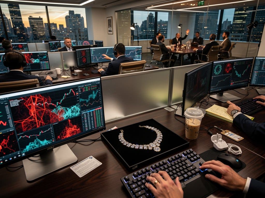 Trading floor screens show DeFi hack alerts next to luxury diamond necklace on desk