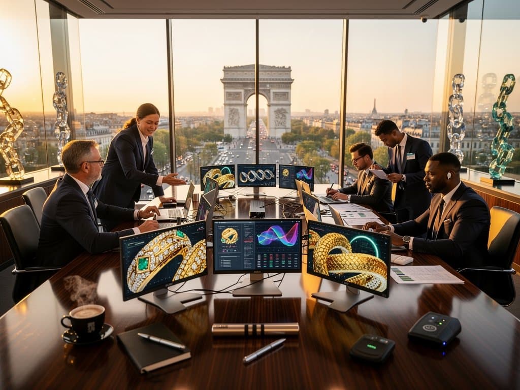 Luxury boardroom monitors show NFT jewelry and crypto charts including BTC at $74,569 amid blockchain decor