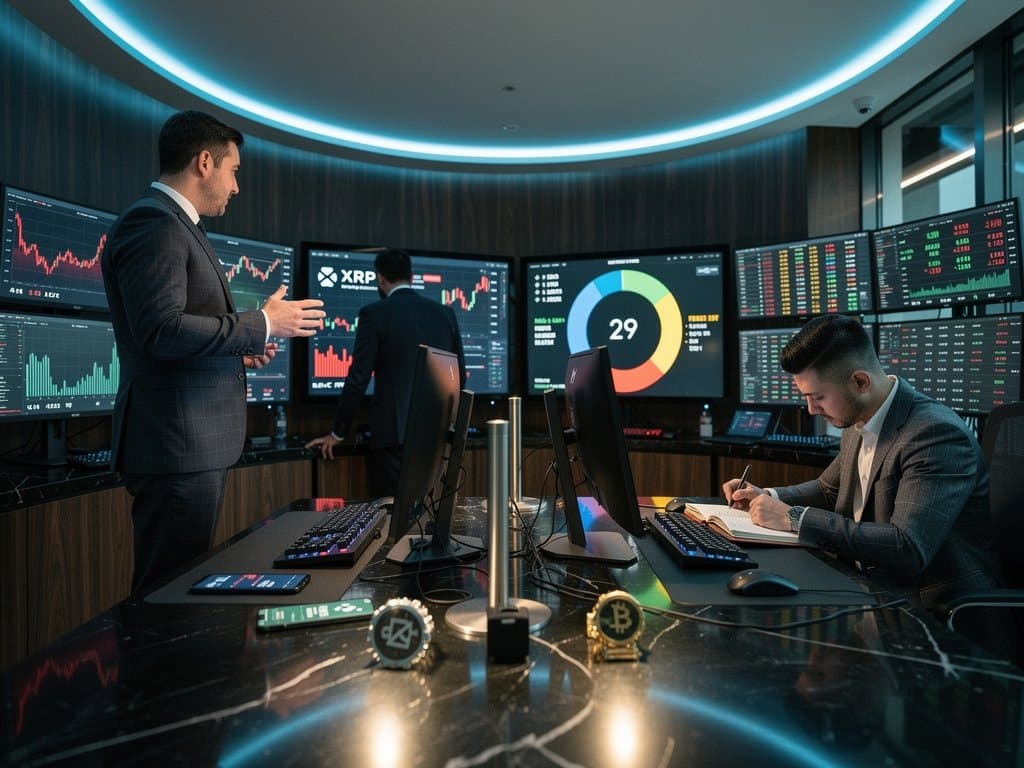 Crypto charts display XRP at $1.41 next to Cartier 18k gold Love rings, GIA diamond reports, and lab-grown parcels on a luxury trading desk