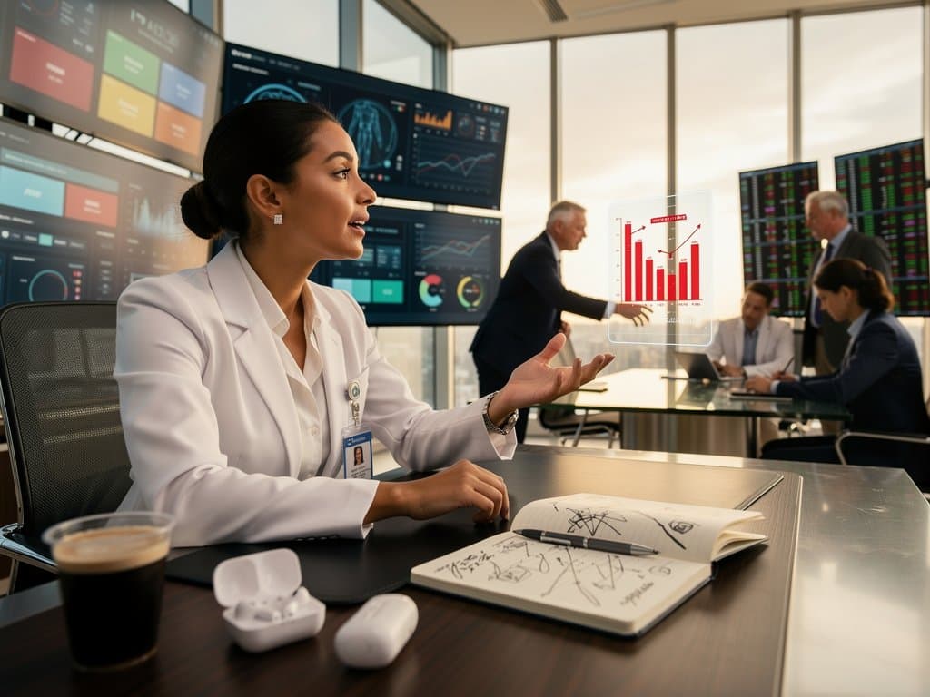 Clinician ear with luxury diamond studs reviews AI scribe revenue data in high-tech hospital office amid collaboration