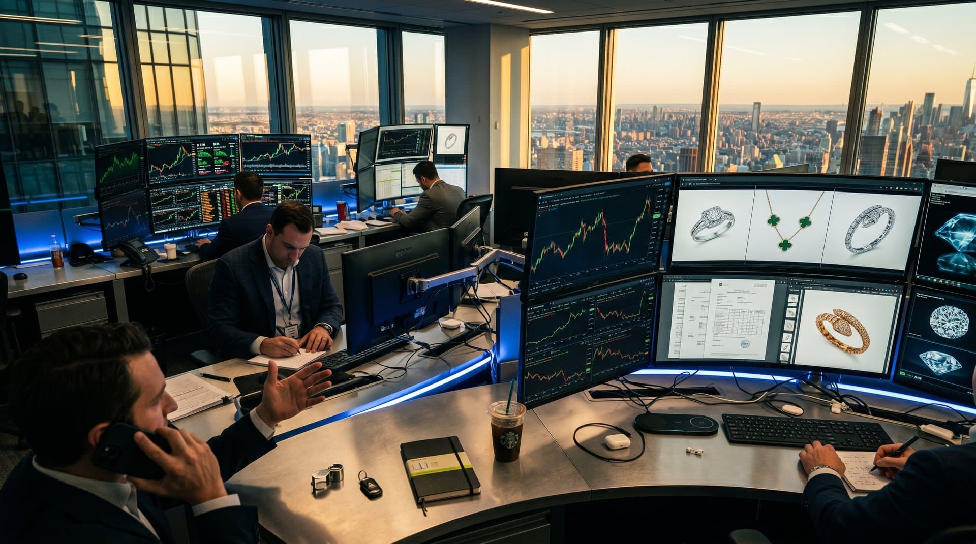 High-tech trading floor displays Kelp DAO hack crypto charts, DeFi alerts, and luxury ring blockchain provenance interfaces amid market downturn