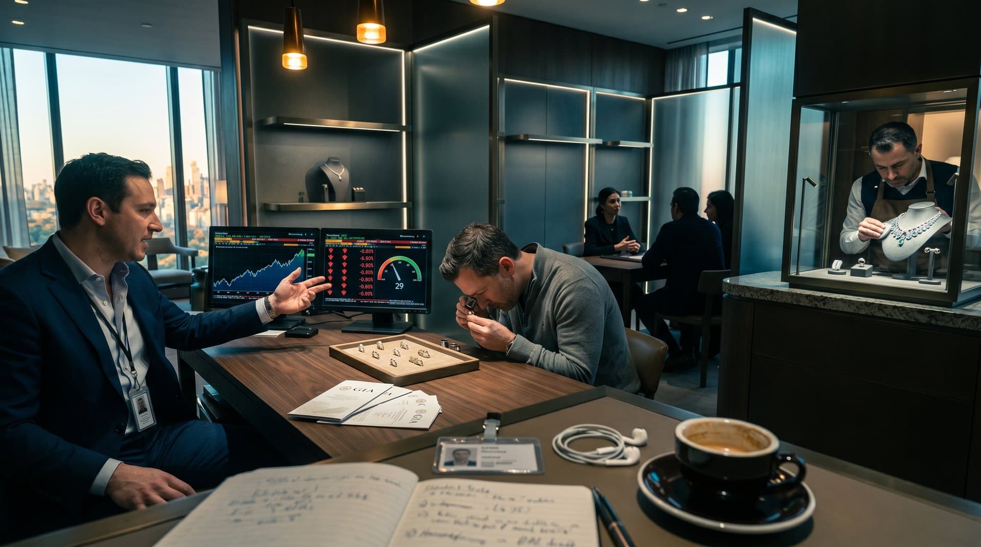 Cartier salon desk with financial charts on gold and crypto, displaying diamond bridal sets and GIA certificates in luxury setting